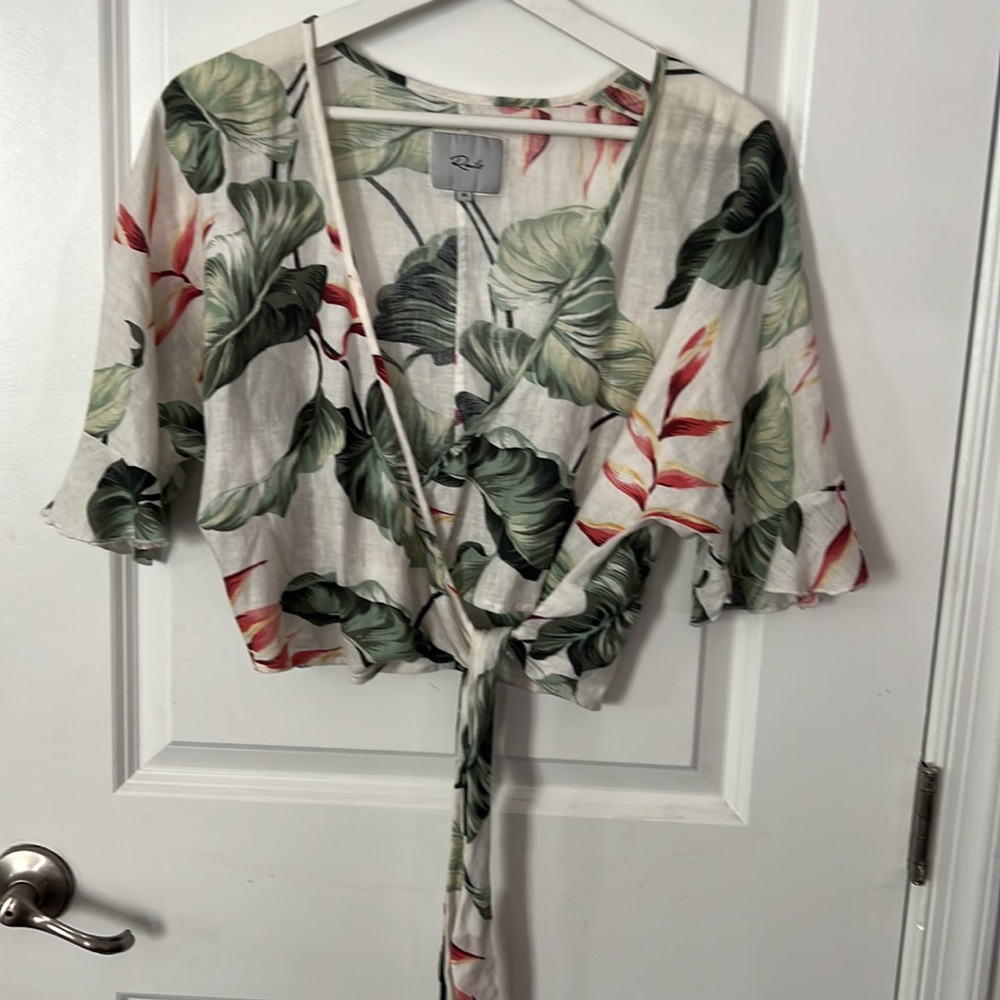 Rails Palm Print Linen Cropped Wrap Top - image 3